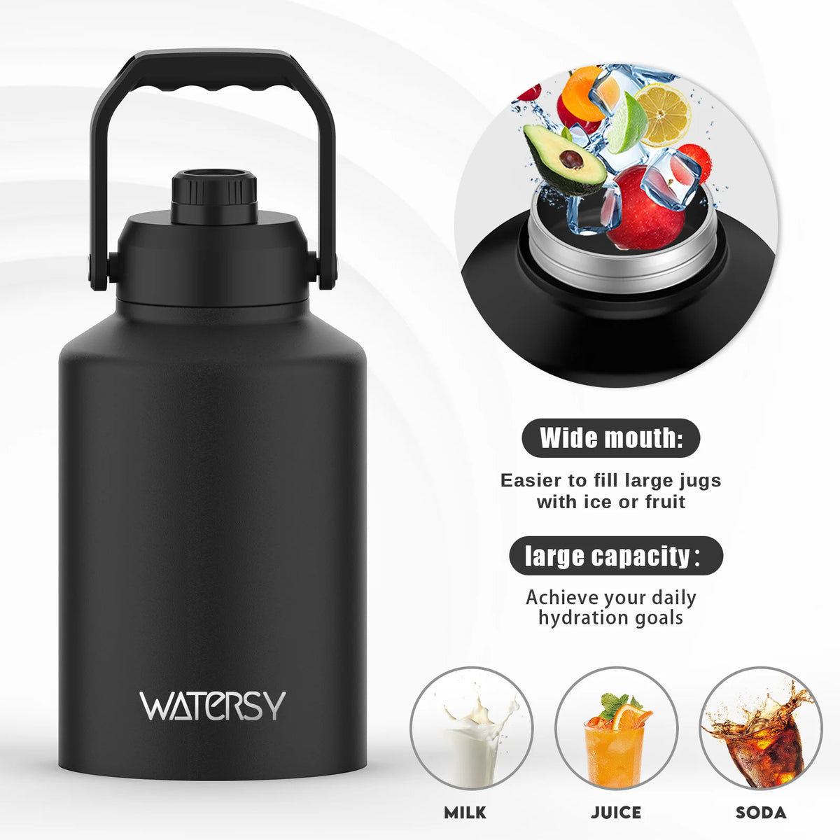 WATERSY 64/87/128oz Large Capacity Insulated Water Bottle Stainless Steel Thermal with Lift Hands Outdoor Camping Vacuum Flask