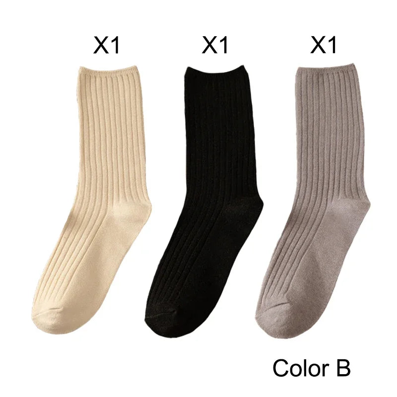 3 Pairs Lot Socks Sets Women Solid Color Elegant Retro Long Women Socks Breathable Japanese Style Casual Cotton Long Sock