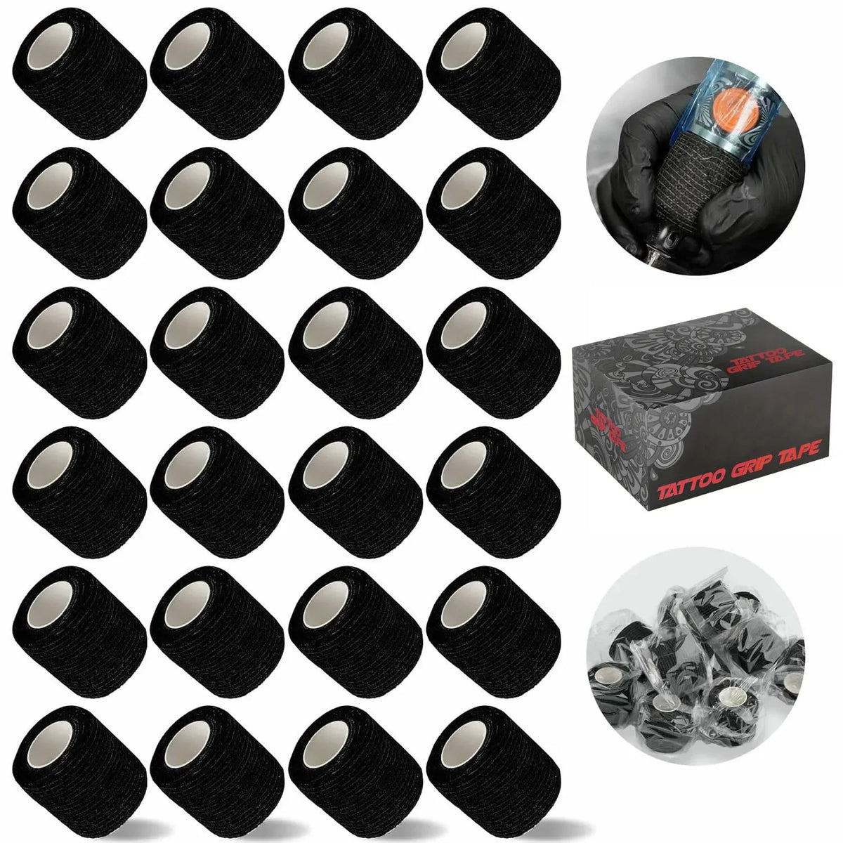 48/24/3PCS Black Tattoo Grip Cover Wraps Self-Adhesive Elastic Bandage Tape Breathable Strong Sports Tape Athletic Bandage Rolls