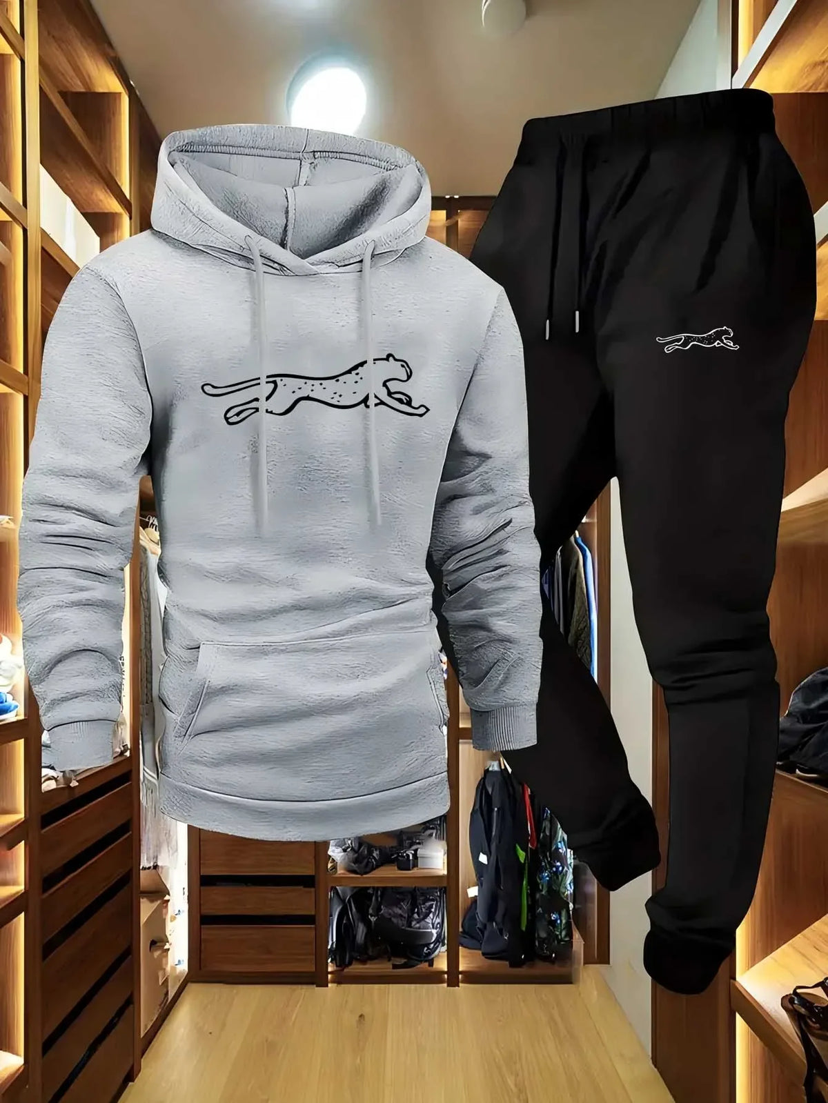 Men's Hooded Sweatshirt and Sweatpants Set Casual Long-Sleeved Leopard Print Hooded Style Pocket Comfortable Streetwear Style
