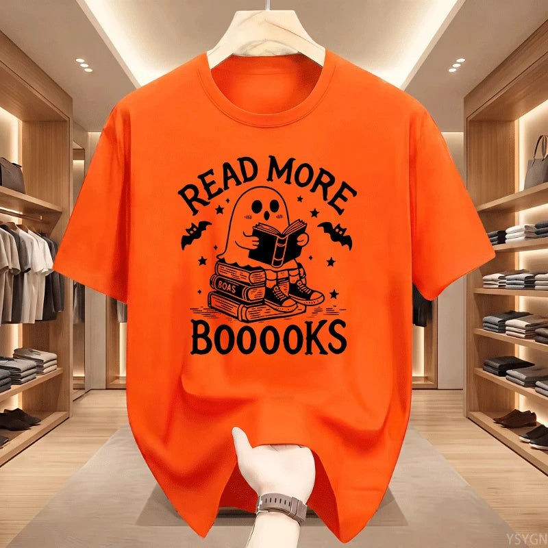 Read More Booooooks Ghost Book Lover T‑Shirt Cute Ghost Reading Book Stack Bat Star Spooky Halloween Bookworm Pun Quote Tops Tee