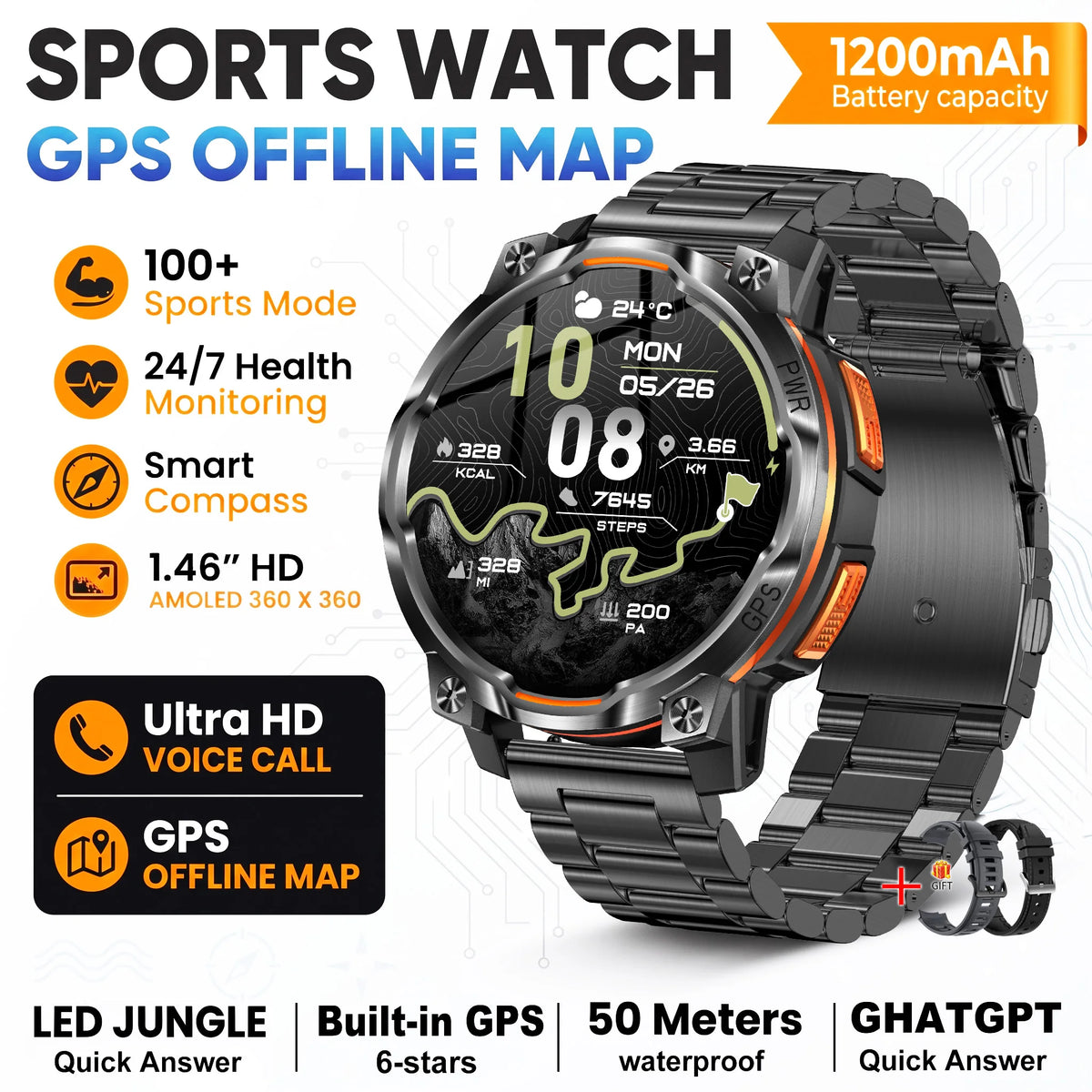 New Technology 2026 Offline Map GPS Smart Watch Men 1200mAh Battery Waterproof Compass Altimeter 100+Sports Military Smart Watch