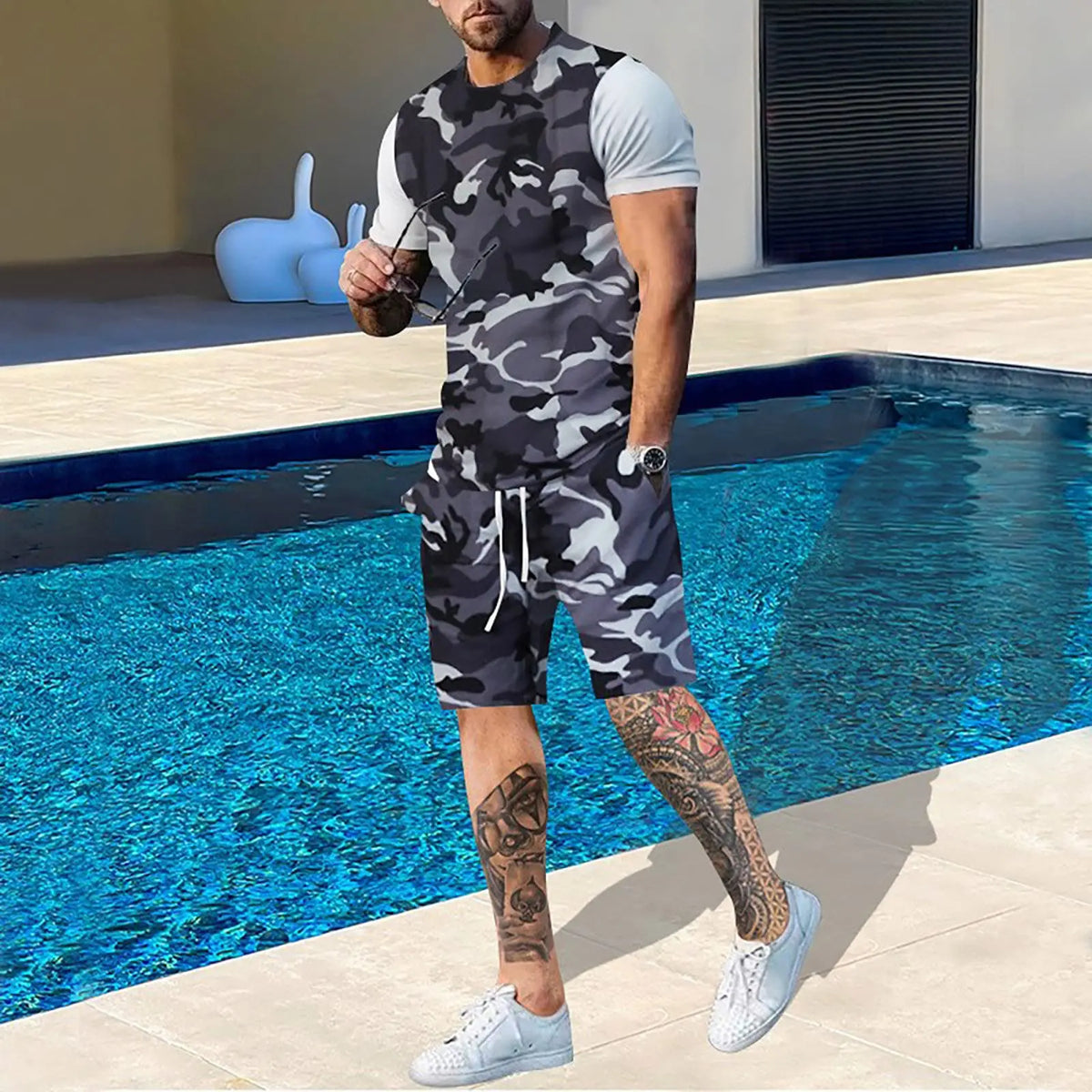 Summer Men Camouflage T shirt Set 3D Print Men's Tracksuit Suit Outdoor Camping Hunting Oversized Casual Tee Shorts 2PCS Outfits