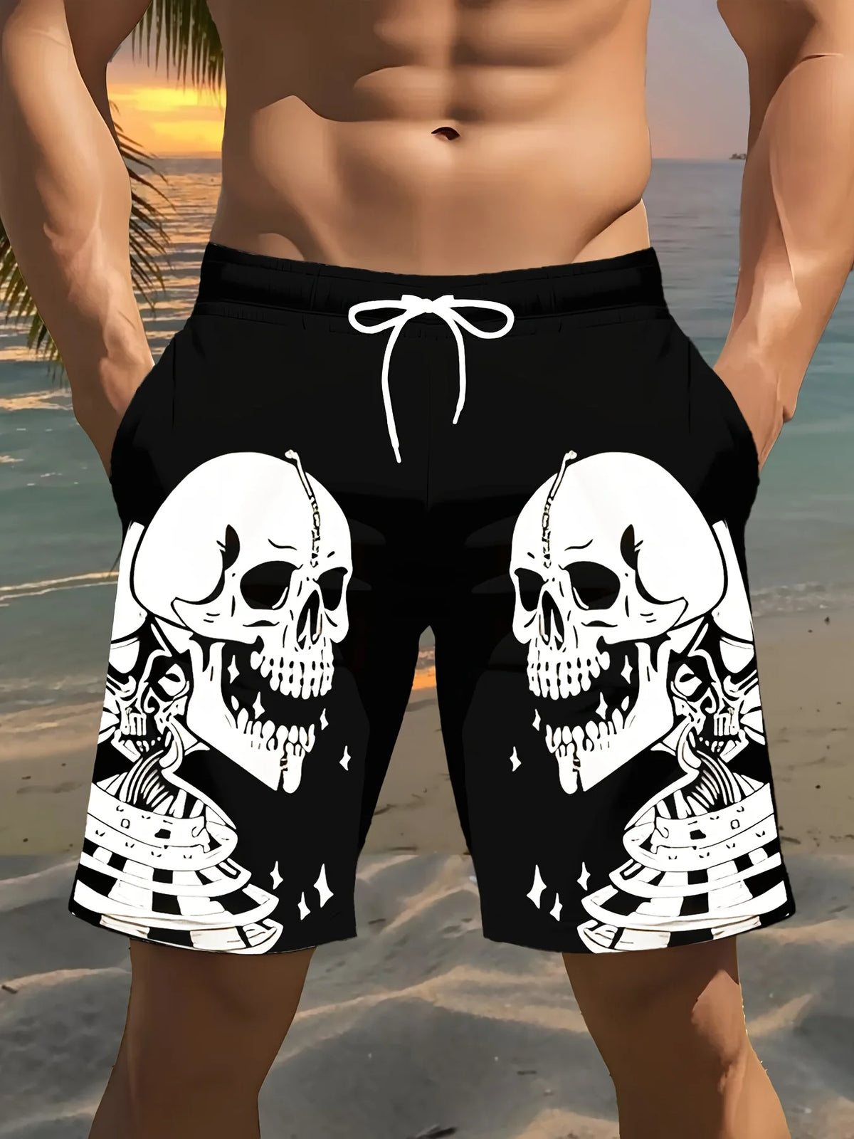 Men's Fashion Skull Man Pattern Digital 3D Printing Men's Casual Drawstring Shorts with Pockets Suitable for Summer Leisure