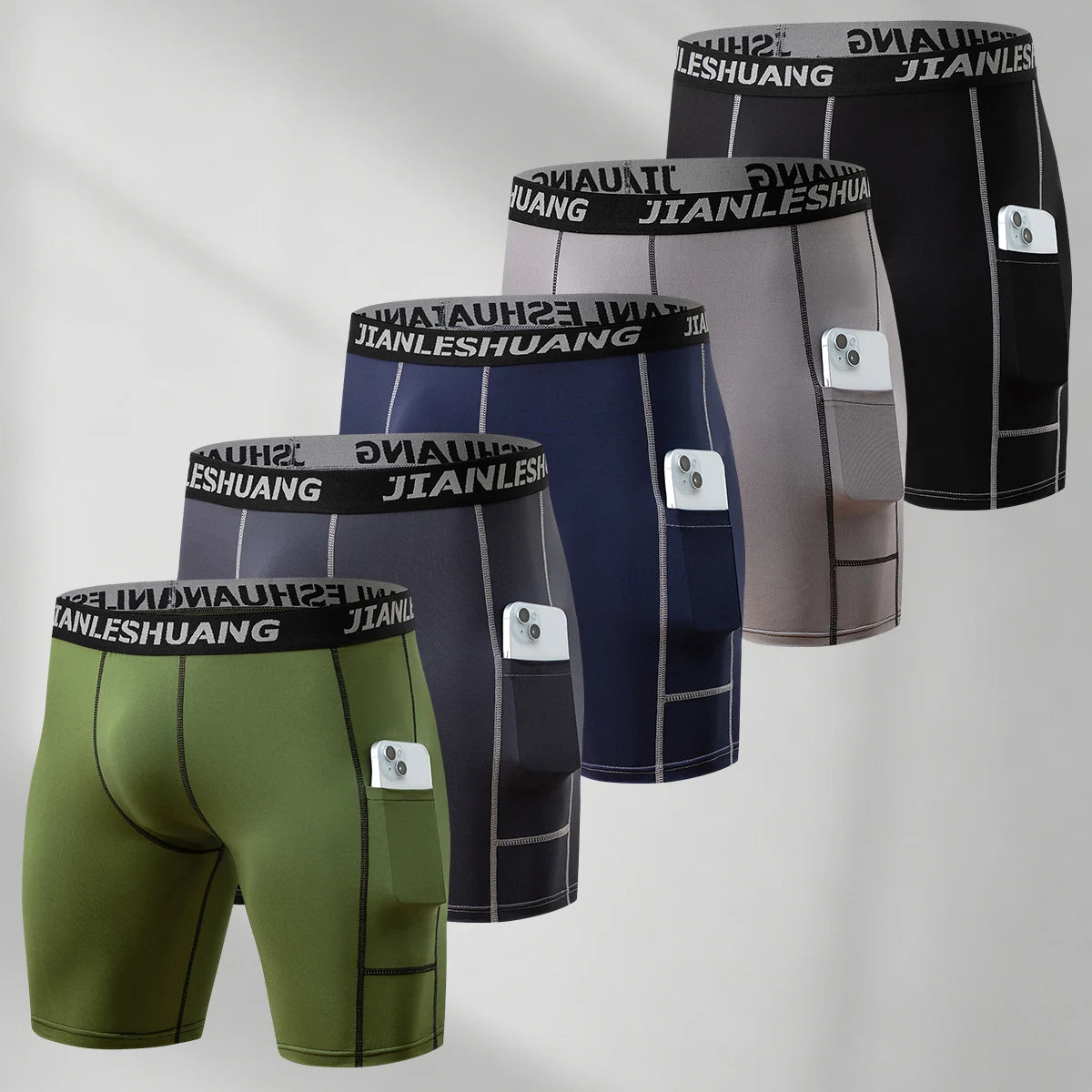 5-piece Set Of Men's Four Season Solid Color Line Underwear Comfortable Elastic Waist Sports Cycling Pants Outer Pocket Shorts