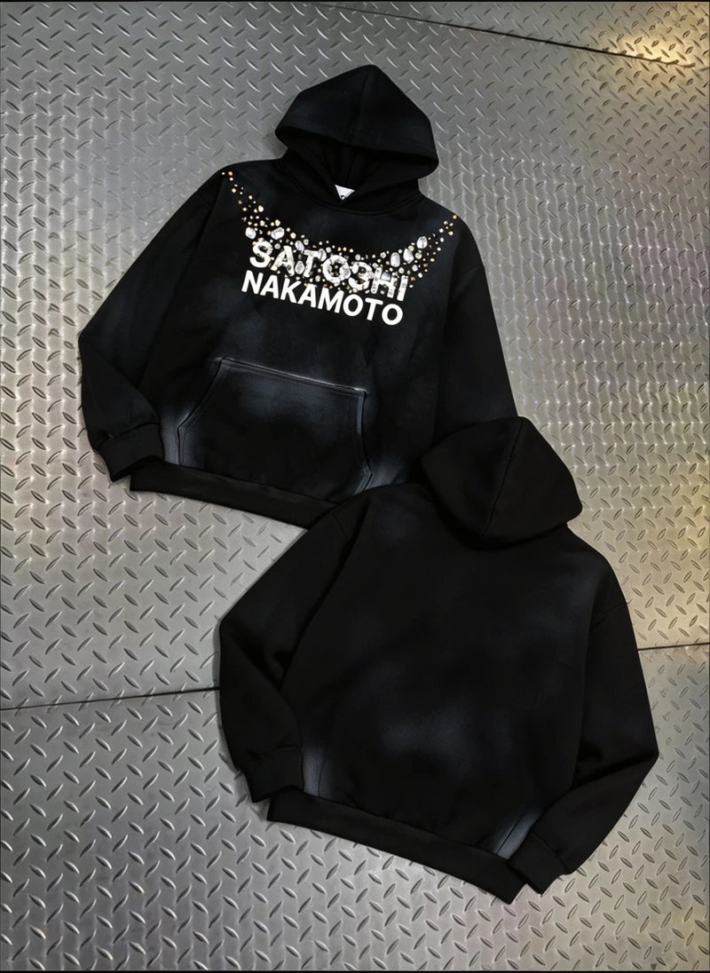 Street Casual SATOSHI Hoodies Pullover Embossed Pattern Embroidery Turtle Shell Design Washed Hooded Men Women Loose Sweatshirts