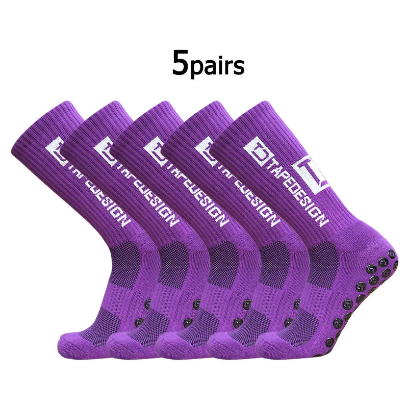 5Pairs/Lot New ANTI SLIP Tapedesign Football Socks Mid Calf Non-Slip Soccer Sport Cycling Sports Mens Sock EU38-45