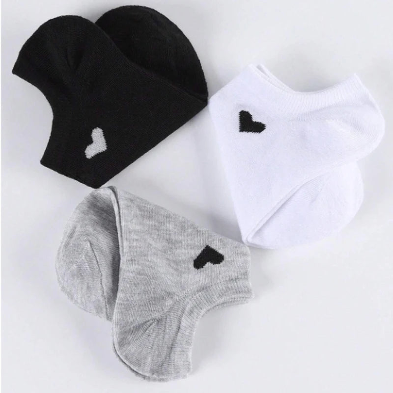 6/12 Pairs Solid Color Heart-Shaped Printed Women Short Socks Summer Breathable Soft Comfortable Simple Style Casual Socks