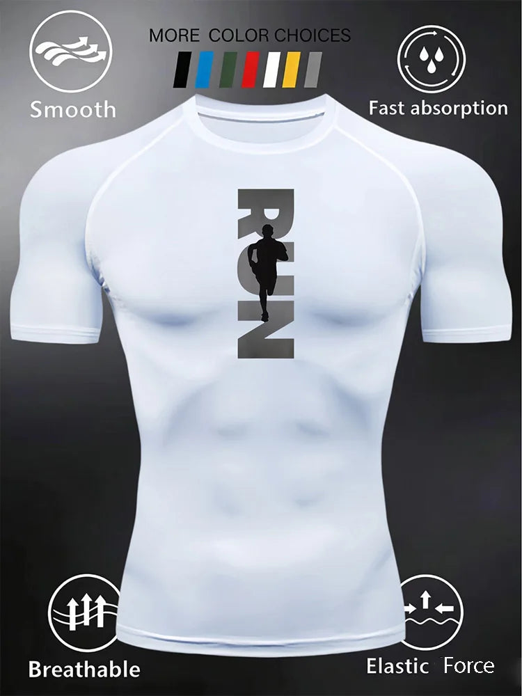 Men's and Women's Matching Short Sleeve T-Shirt with Pressed Design Printed RUN Pattern Fitness Top Suitable for Running - J34