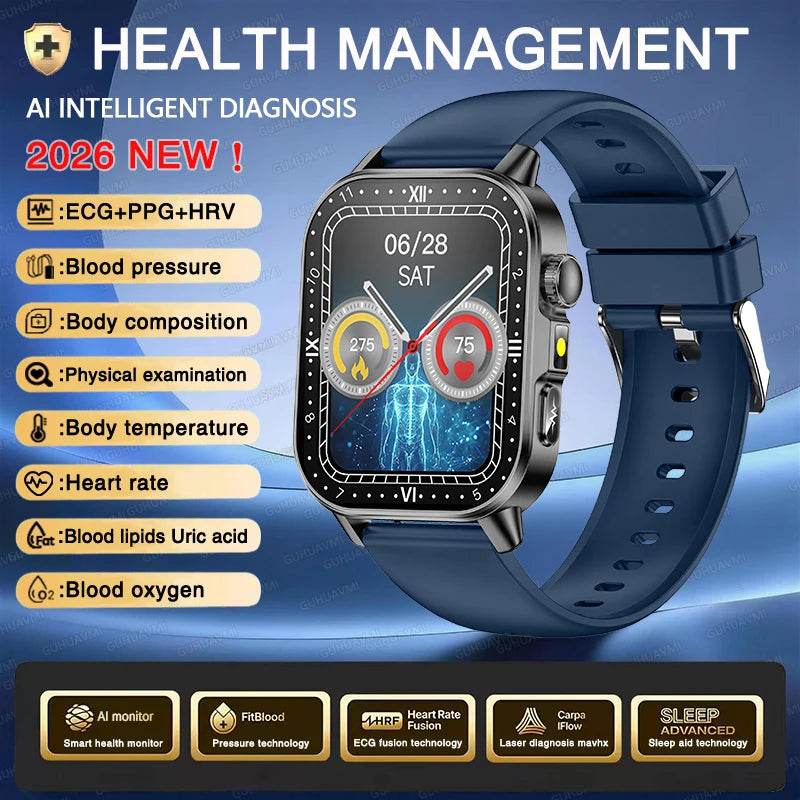 Nursing Grade New ECG+PPG Three High Diagnose Smart Watch Men Blood Lipid Blood Pressure Uric Acid Health Tracker HD Call Watche