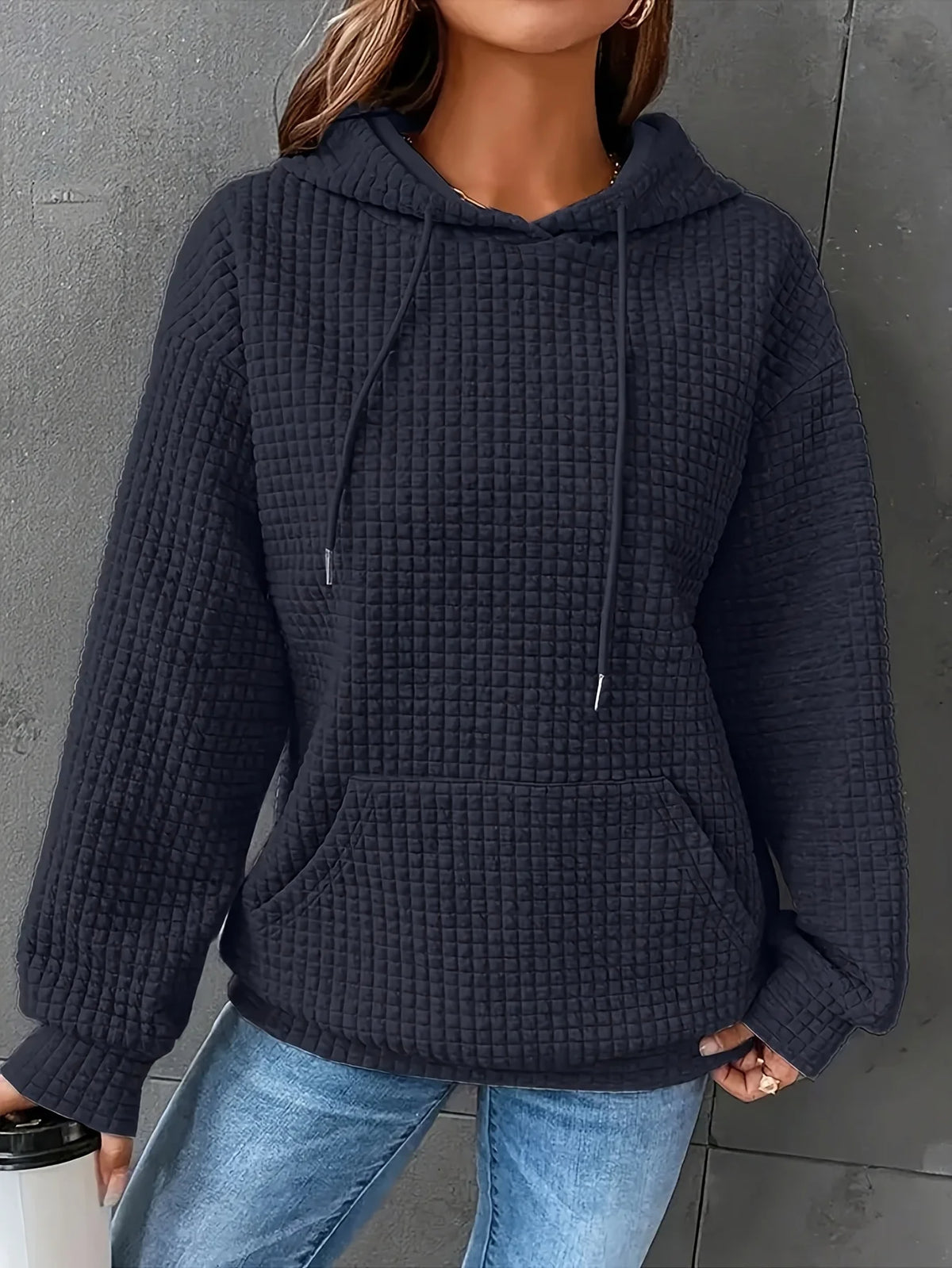 Women Short Length Waffle Knit Hoodie Solid Black Drawstring Pullover Sweatshirt Front Kangaroo Pocket Long Sleeve Casual Tops