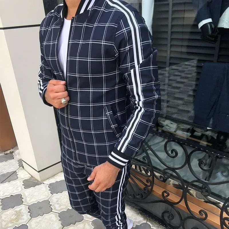 2-piece Autumn Winter New Men's Sports Set Clothes for Man Tracksuit Sport Checkered Zipper Sports Shirt Running Jogging Clothes