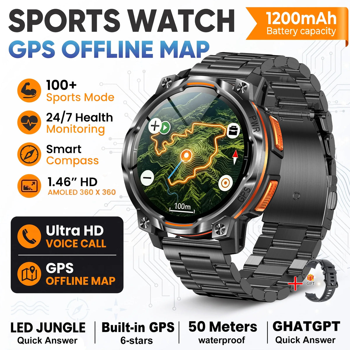 New Technology 2026 Offline Map GPS Smart Watch Men 1200mAh Battery Waterproof Compass Altimeter 100+Sports Military Smart Watch