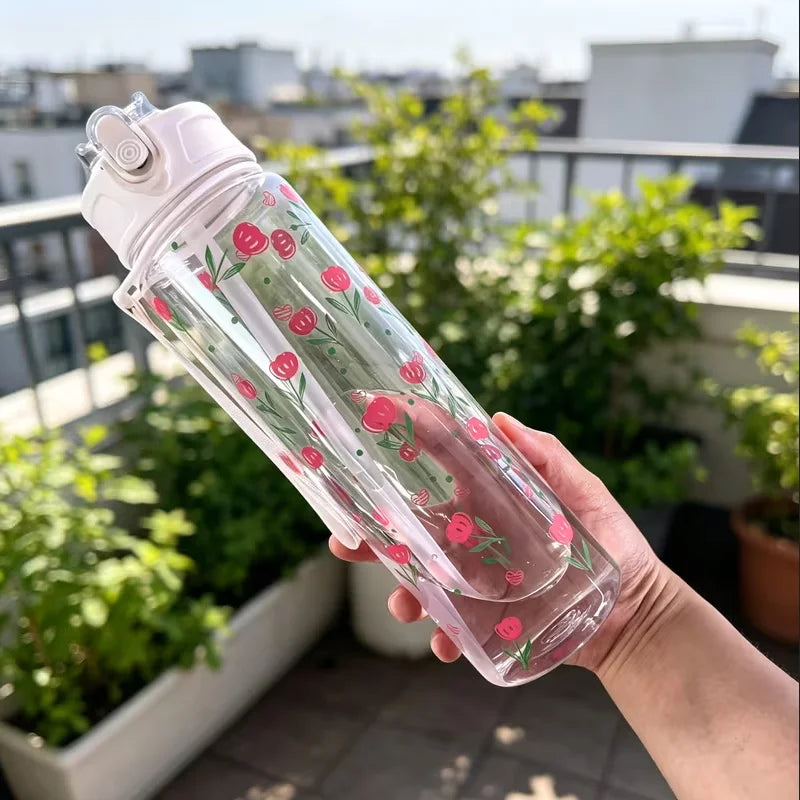 750ML Cute Strawberry Floral Cherry Bow Tumbler One-Button Pop-Up Lid Straw Cup with Handle for Travel Sports Leak-Proof Bottle