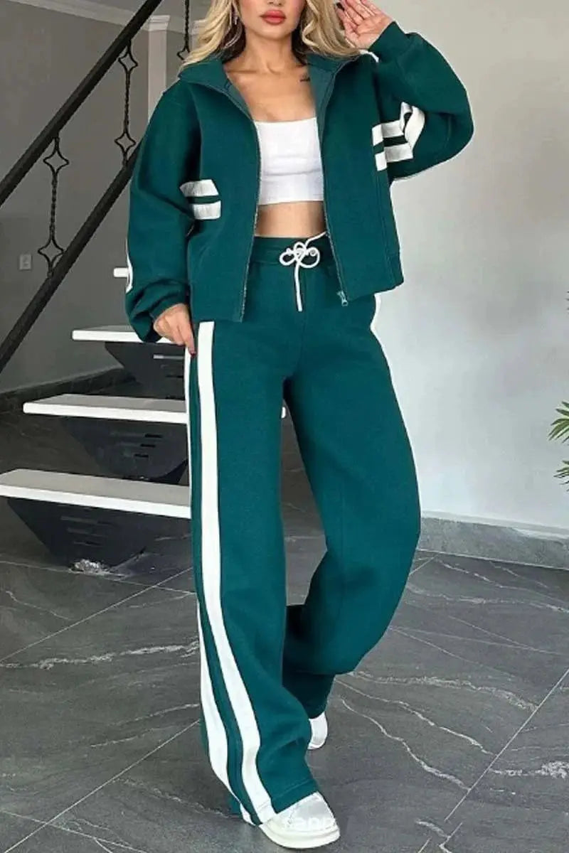 Women's Matching Two-Piece Sport Set Stand Collar Full Zip Cropped Top with Side Double Stripe Wide Leg Drawstring Waist Jogger