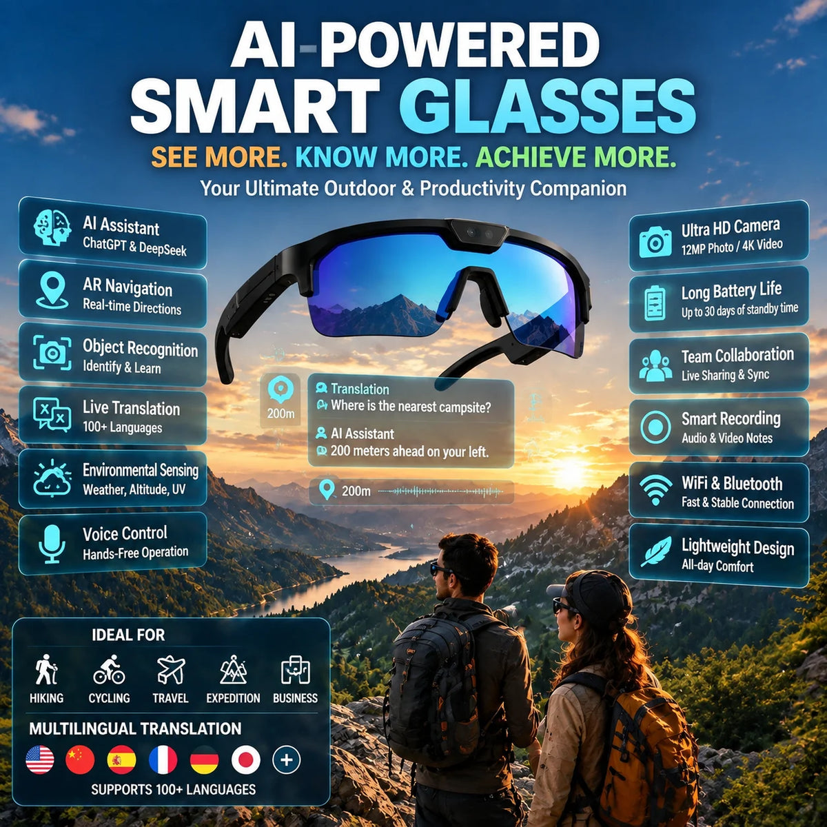 2026 AI Smart Glasses ChatGPT Voice AI Assistant Intelligent Travel Translation Outdoor Remote Photography Smartglasses Cycling