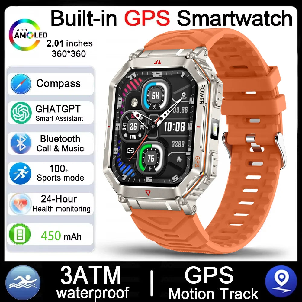 2026 New Men GPS Sports Smart Watch 2.01'' AMOLED Compass Heart Rate 400mAh Battery Bluetooth Call 10ATM Waterproof Smartwatch