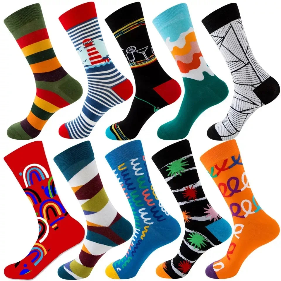 10 Pairs Lot Pack Men Women Couples Lover Socks New Arrival Rhombus Animal Christmas Cartoon Fruit Food Dot Cotton Happy Socks