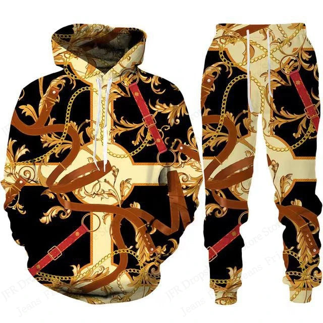 Mens Two Piece Hoodie Pant Sets Golden Pattern 3d Print Sets Men Women Fashion Hoodie+Pant 2 Piece Suit Sports Tracksuit Comfort