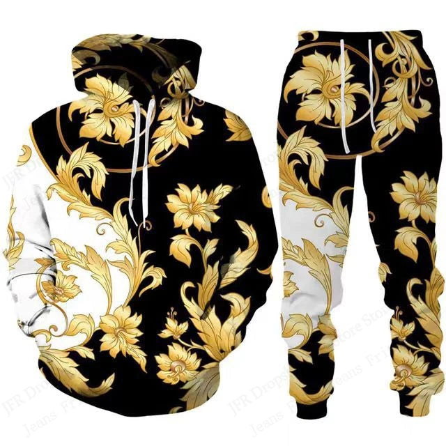 Mens Two Piece Hoodie Pant Sets Golden Pattern 3d Print Sets Men Women Fashion Hoodie+Pant 2 Piece Suit Sports Tracksuit Comfort