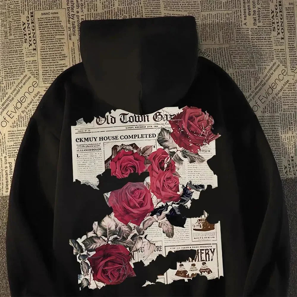 Men's graphic bright rose print cotton hooded sweatshirt American style personalized streetwear casual hooded sweatshirt