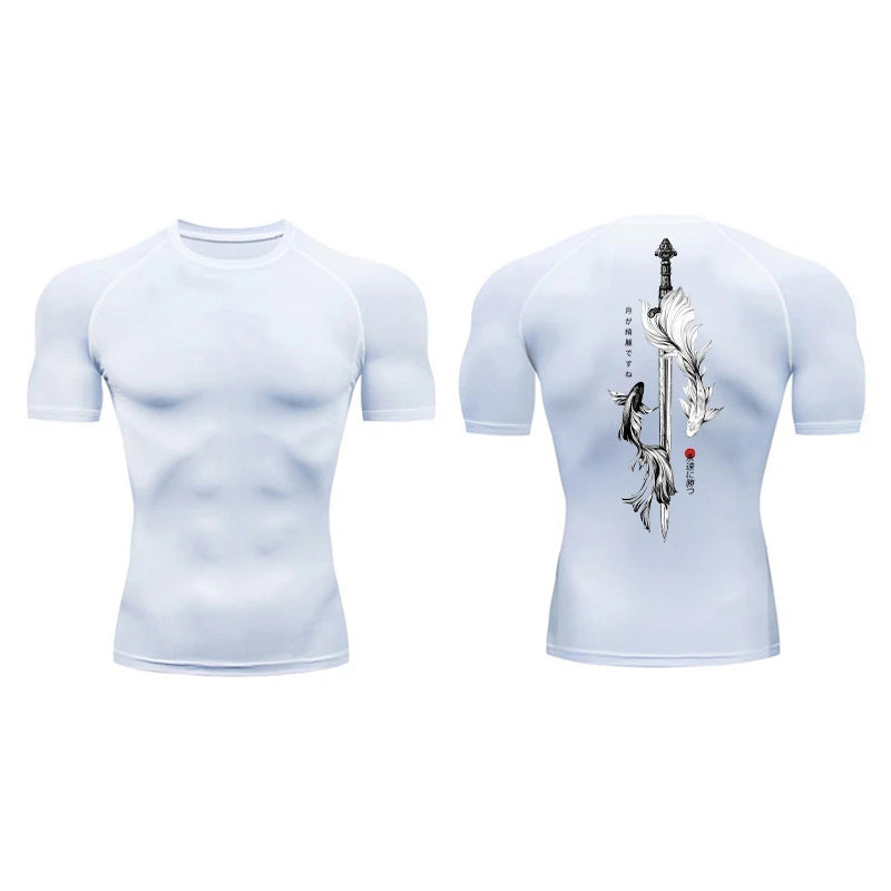 Yin Yang Sword Print Short Sleeve Compression Shirts for Men Summer Athletic Quick Dry T-shirts Gym Workout Running Tees Tops