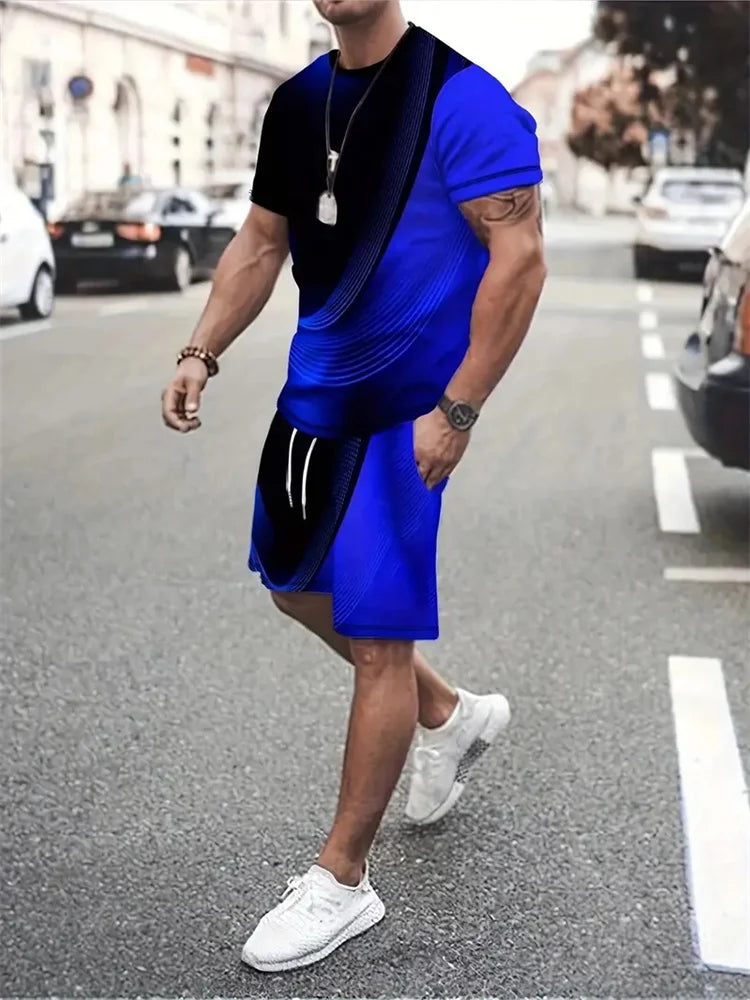 New Gradient Texture T-Shirt Men's Two-Piece Summer New Shorts Suit Fashion 3D Printing Street Casual Sportswear Men's Models