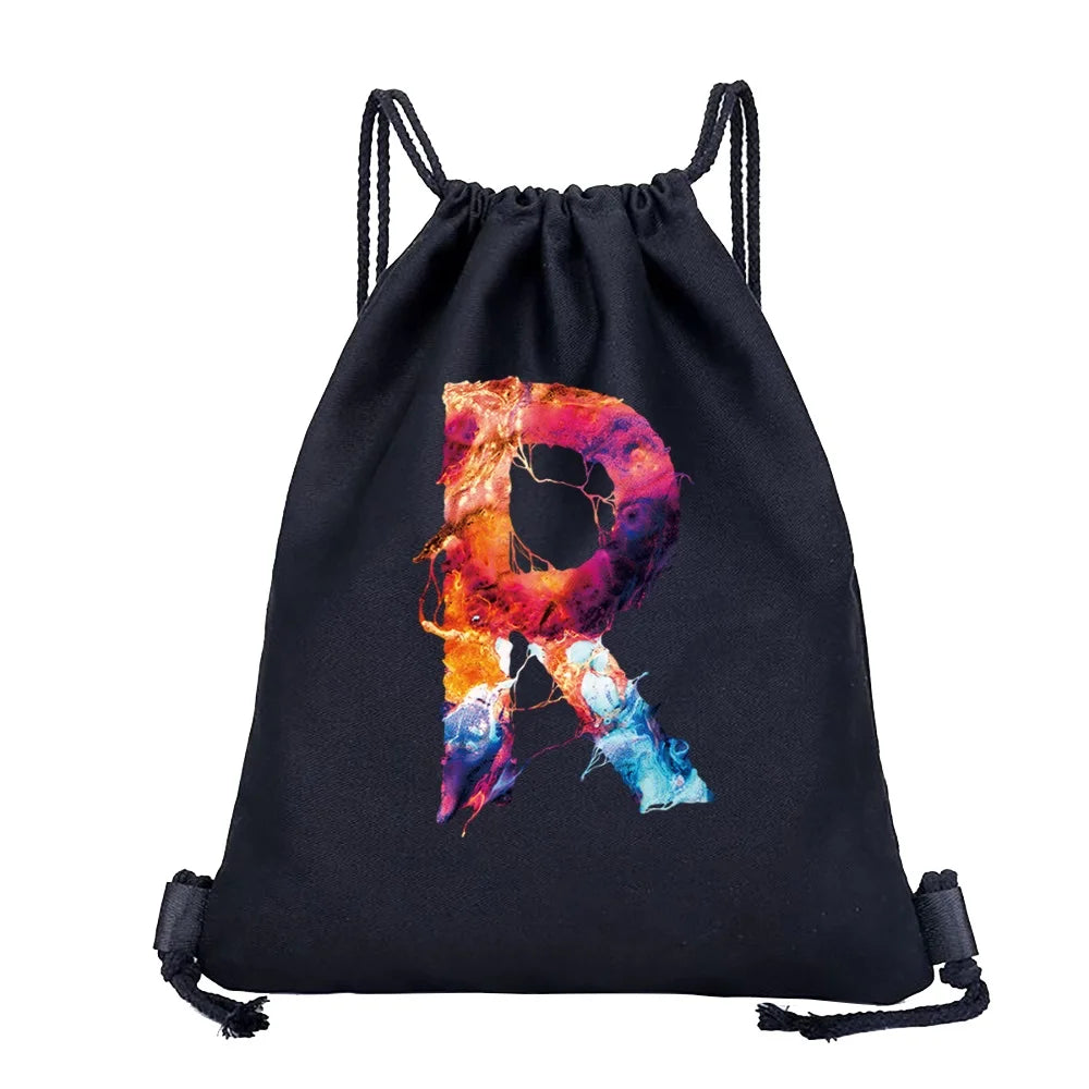 26 Initials Print Drawstring Bag Backpack Men and Women Beach Sports Travel Backpack Kid Gift Supplies Bag Portable Sundries Bag