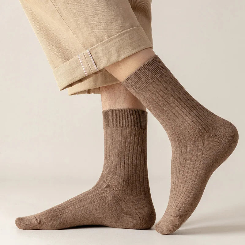 5 Pairs of 100% Cotton Socks, Men's Four Season Striped Midsole, Sweat Absorbing, Breathable Sports Cotton Socks