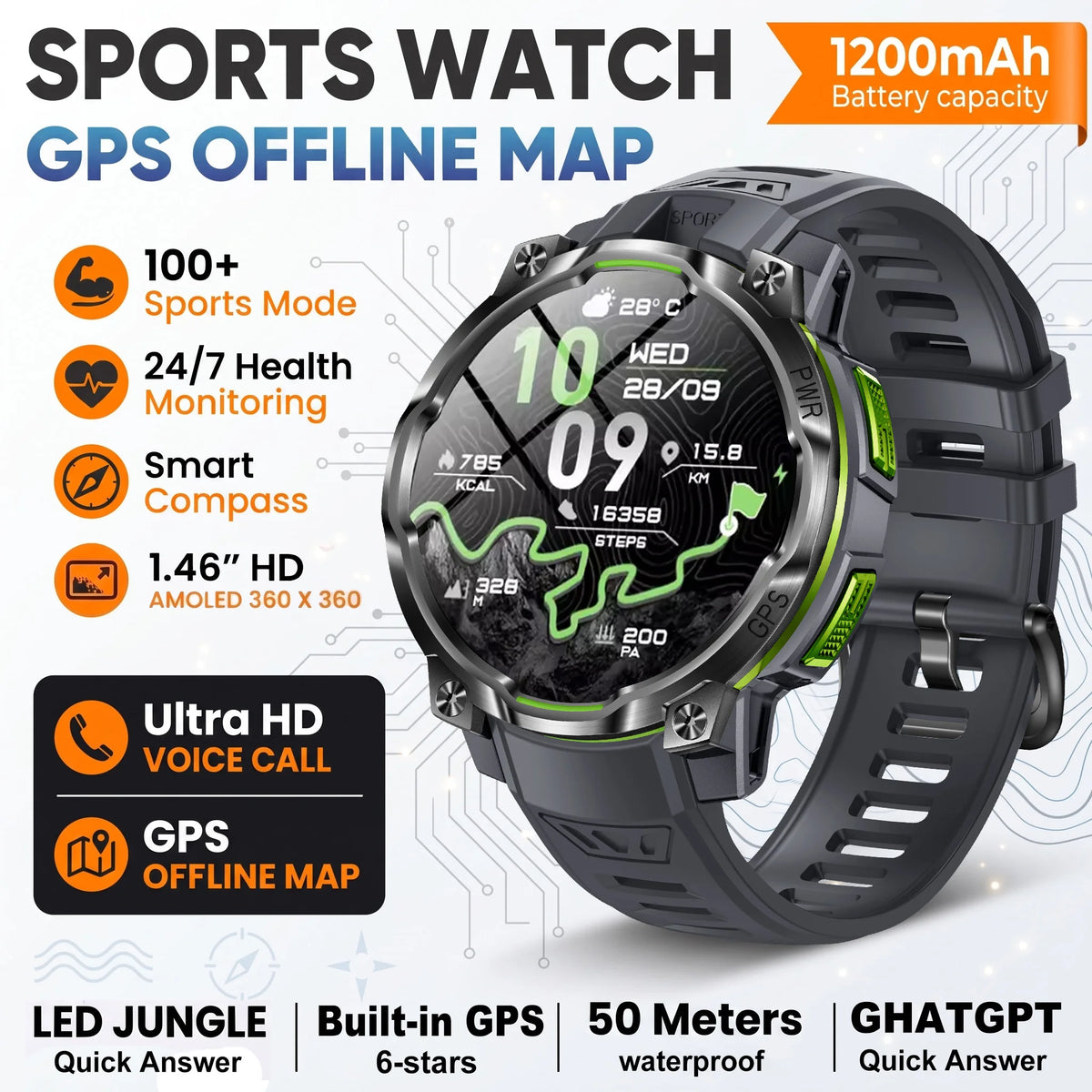 New Technology 2026 Offline Map GPS Smart Watch Men 1200mAh Battery Waterproof Compass Altimeter 100+Sports Military Smart Watch