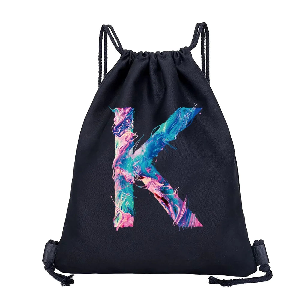 26 Initials Print Drawstring Bag Backpack Men and Women Beach Sports Travel Backpack Kid Gift Supplies Bag Portable Sundries Bag