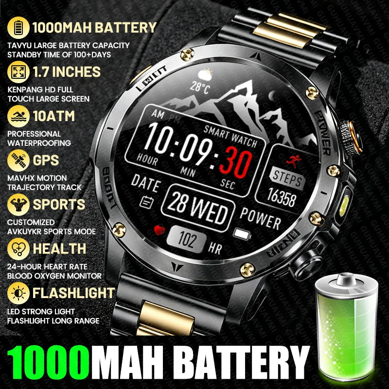 New Outdoor Original Men Sports Smart Watch 1000mAh Big Battery GPS 10ATM Waterproof Bluetooth Call Flashlight Adult Smartwatch