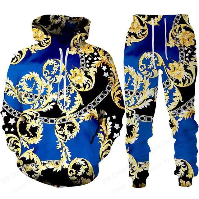 Mens Two Piece Hoodie Pant Sets Golden Pattern 3d Print Sets Men Women Fashion Hoodie+Pant 2 Piece Suit Sports Tracksuit Comfort