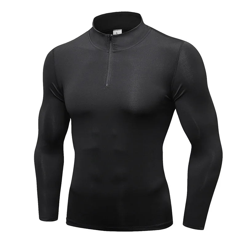 Winter Fleece Men's Fitness Running Training Long-Sleeved Elastic Warm Tight Stand-Up Collar Hoodie Zipper Compression Shirt