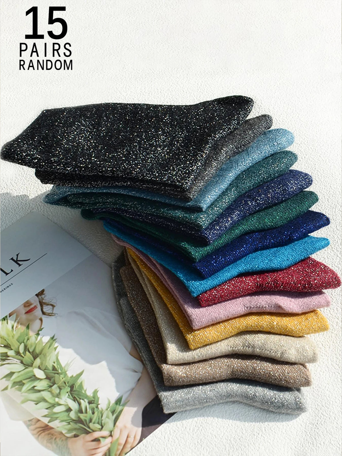 3/5/10/15 Pairs Random Solid Color Glitter Crew Socks ,Random Solid Color Glitter Crew Socks , Comfortable & Versatile for Women