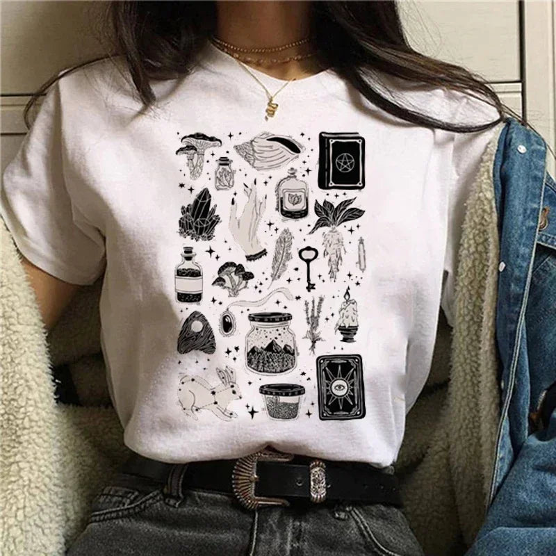 T-shirts Short Sleeve Harajuku Graphic Top Shirts Street Costume Women Cartoon Witch Magic Tshirt Halloween Print