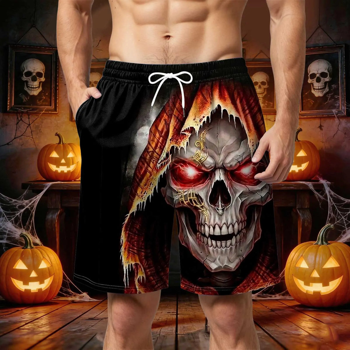 Men's 3D Halloween Butt Print Handsome Funny And Hilarious Casual Shorts Mens Swimming Short