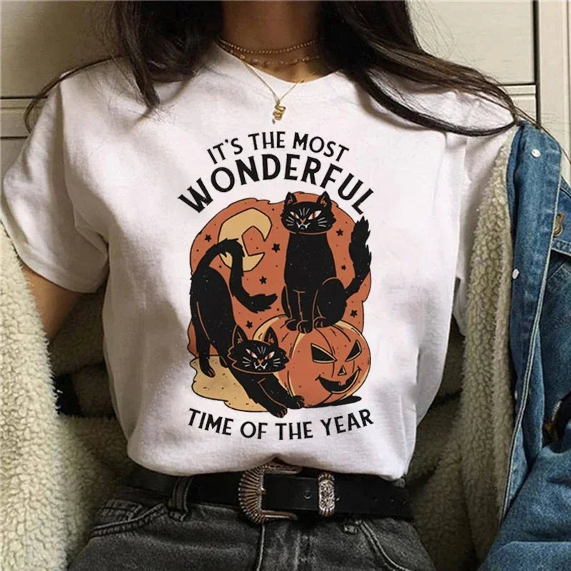 T-shirts Short Sleeve Harajuku Graphic Top Shirts Street Costume Women Cartoon Witch Magic Tshirt Halloween Print