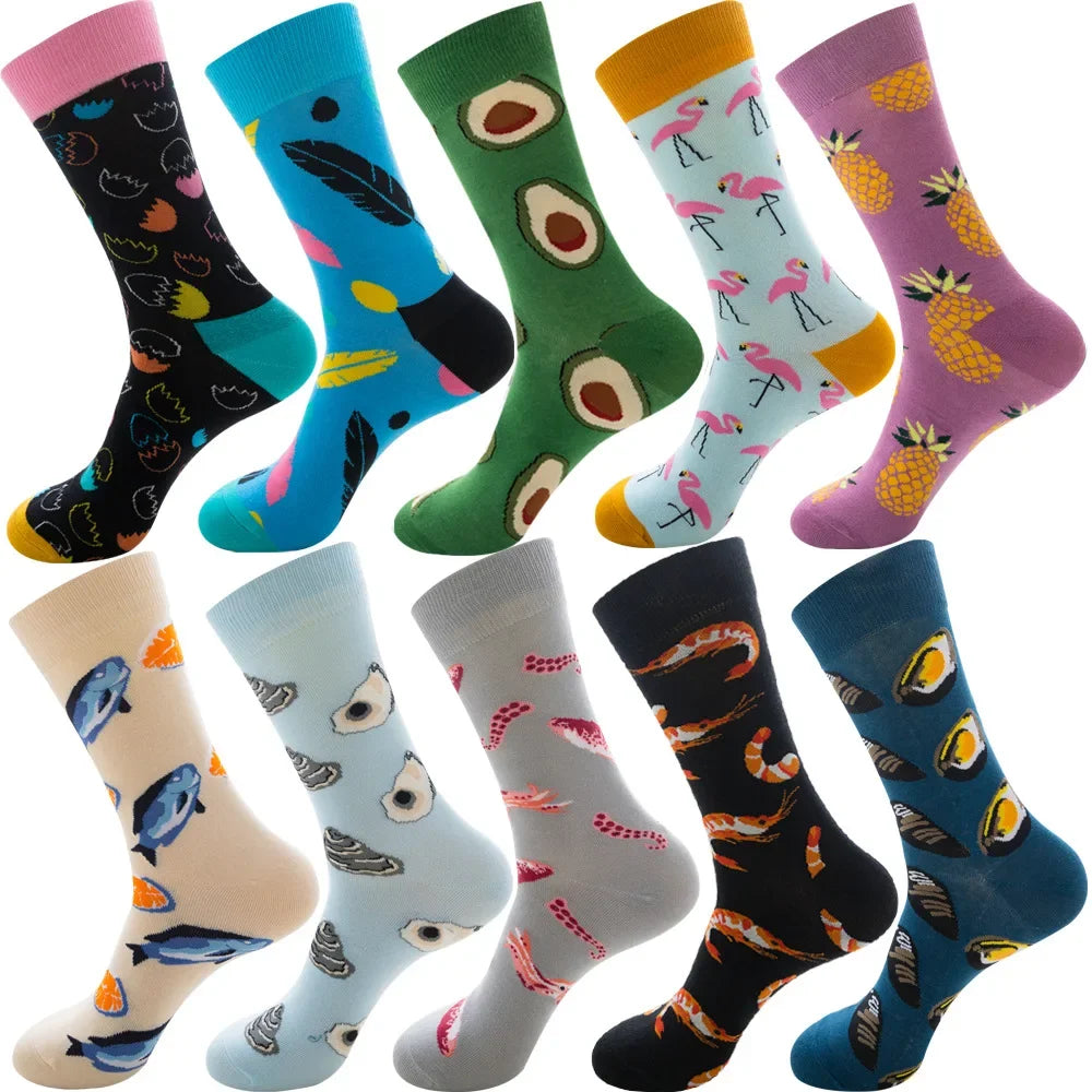 10 Pairs Lot Pack Men Women Couples Lover Socks New Arrival Rhombus Animal Christmas Cartoon Fruit Food Dot Cotton Happy Socks