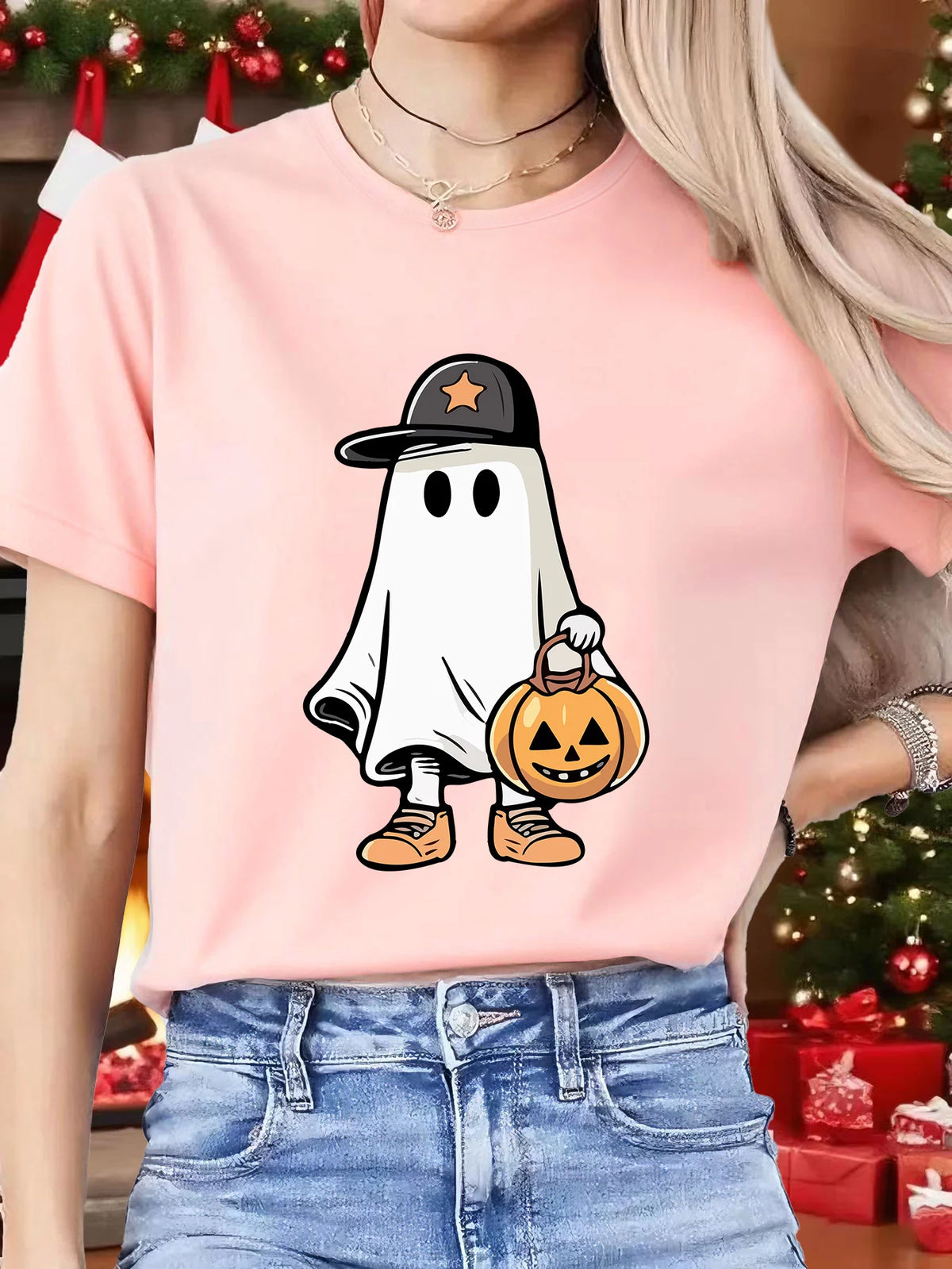 Cute Ghost Cap Pumpkin Basket Womens Crew Neck Short Sleeve T Shirt Halloween Cartoon Spooky Casual Graphic Tees For Ladies