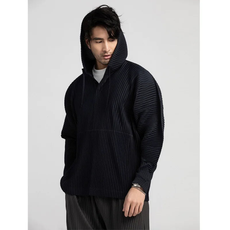 Pleats Pleated Hoodies For Men Black Hoodie 2025 Solid Color Coat Breathable Loose Drawstring Casual Top Man Clothing