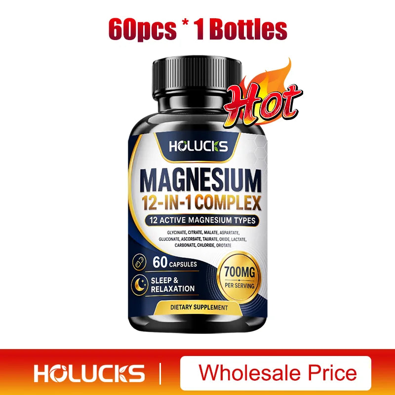 Magnesium 12-IN-1 Complex Capsules - Bone & Heart Health Supplement, Sleep Support,Muscle Relaxation,Stress & Anxiety Relief