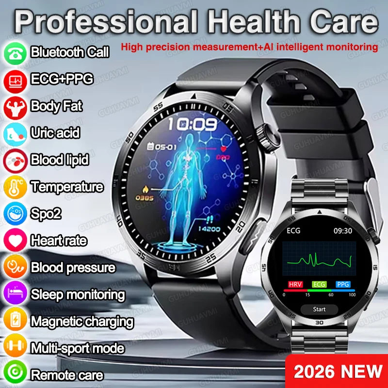 2026 New ECG+PPG Smart Watch Men Treatment Blood Pressure Uric acid Lipids Smartwatch Bluetooth Call Body analysis Health Clock