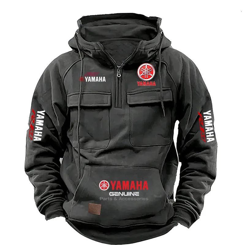 2026 New YAMAHA Logo Motorcycle Racing Race Retro Velvet Half Zipper Hoodie Men's Multi Pocket Autumn/Winter Casual Sweatshirt