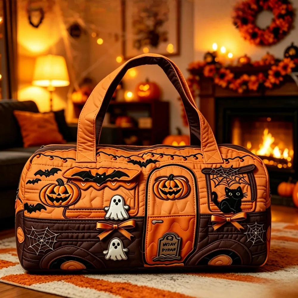 Halloween Quilted Women's Bus Pumpkin Bat Printed Handbag Valentine's Day Gift Multifunctional Fitness Bag Short Trip Bag