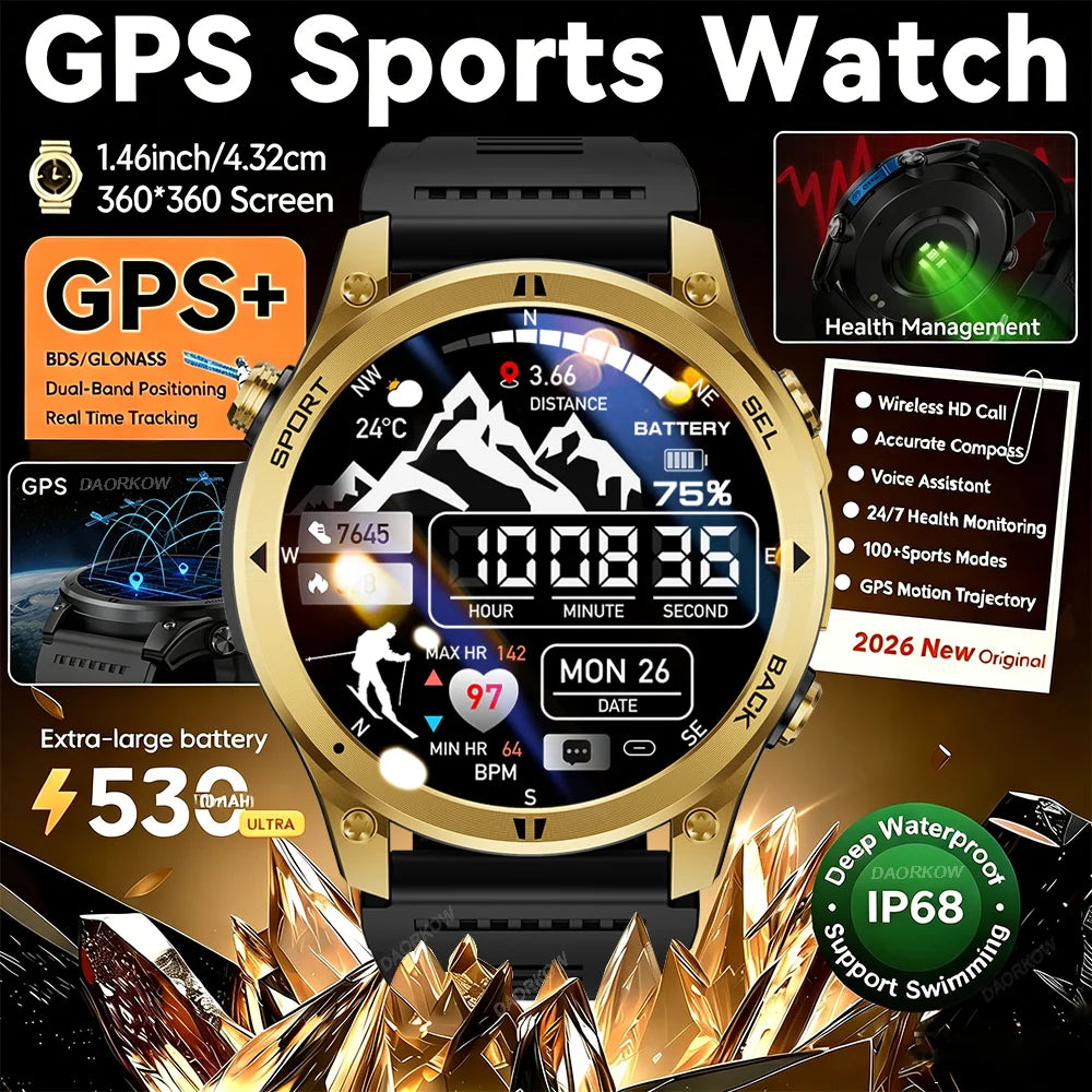 Gold Smartwatch for Men: 1.46-Inch AMOLED Screen, LED Flashlight, 560mAh Battery, 10ATM Waterproof, Bluetooth Call Smartwatch