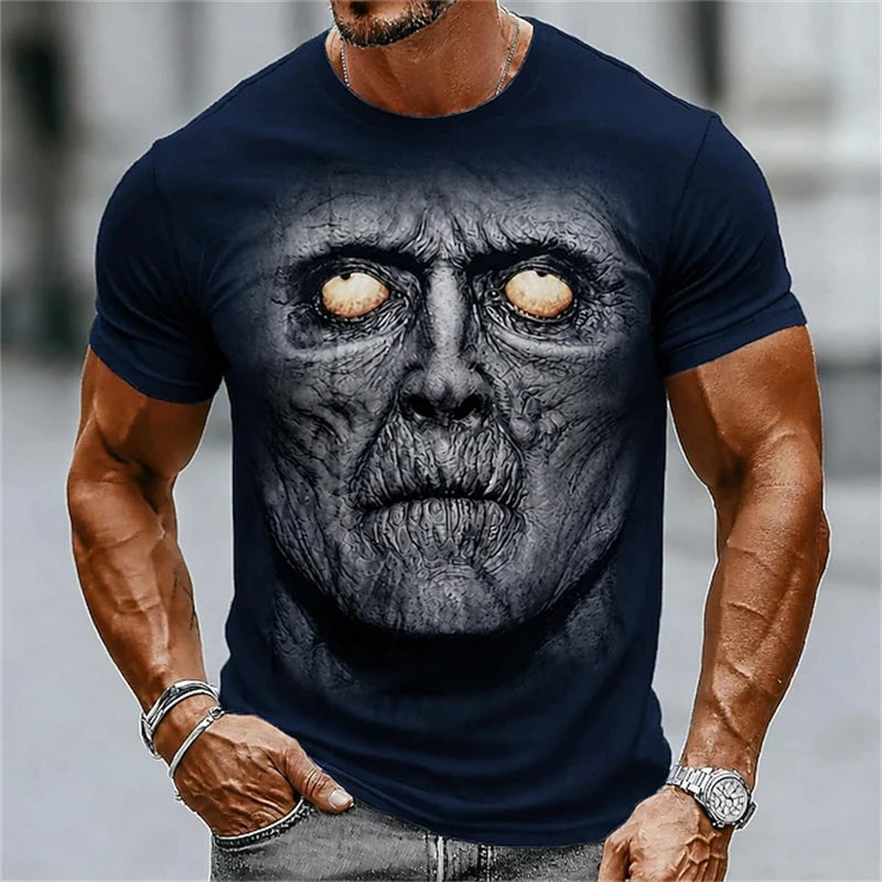 New Men's Halloween Crew-Neck Short-Sleeve T-Shirt Soldier Skull Blood Splatter Print Casual Streetwear Holiday Party Top