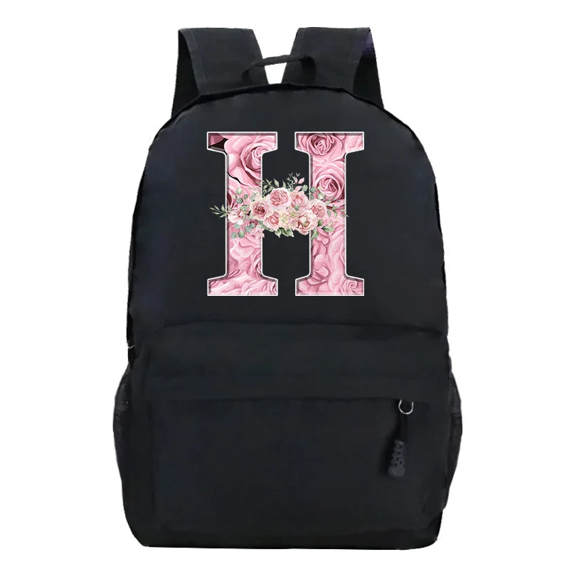 Pink Rose Alphabet Backpack Black Casual Women Aesthetics Rucksack Teenage Girl Boy Flower Letter School Bag Student Mochilas