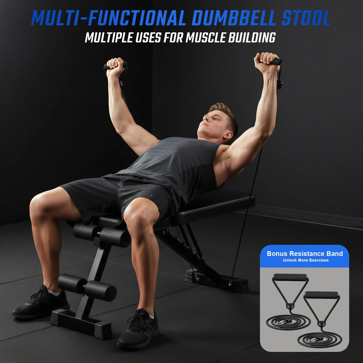 10-In-1 Weight Bench Foldable Dumbbell Bench Multifunctional Home Gym 5-Level Adjustable Incline/Decline/Flat, Bonus Resistance Band for Full-Body Strength Training
