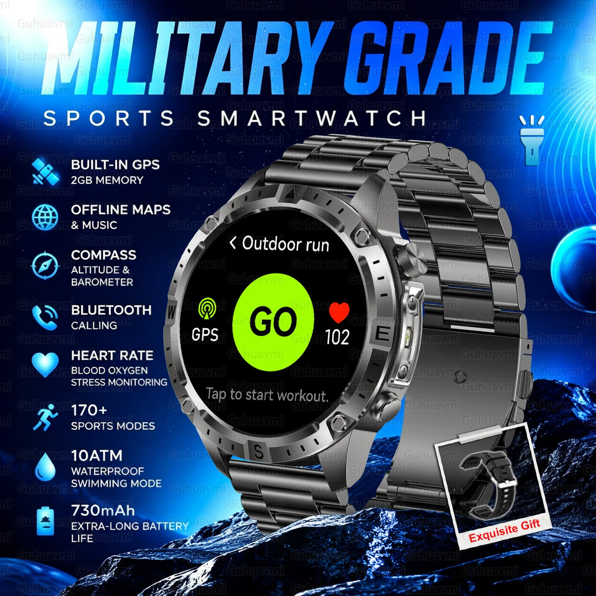 2026 New Rugged Military Smartwatch 2GB Memory GPS Offline Maps Compass 24H Heart Rate 10ATM Waterproof Bluetooth Sports Watches
